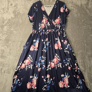STYLEWORD Women's XXL Navy Blue Floral V-Neck Short Sleeve Casual Swing Dress 